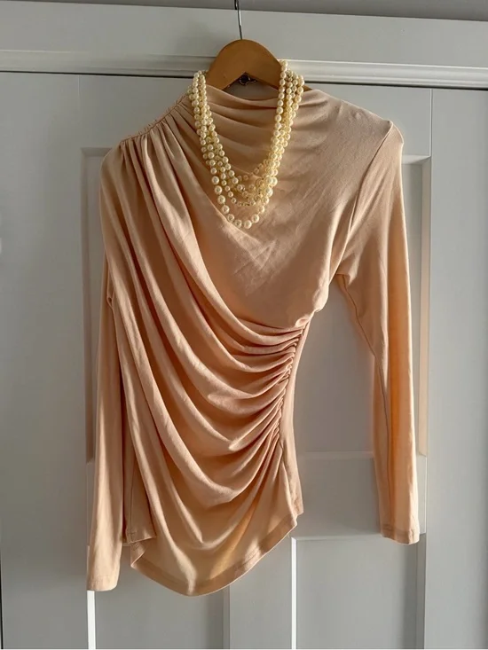 Long Sleeve Draped Neck Top in Light Beige - Picture 13 of 17